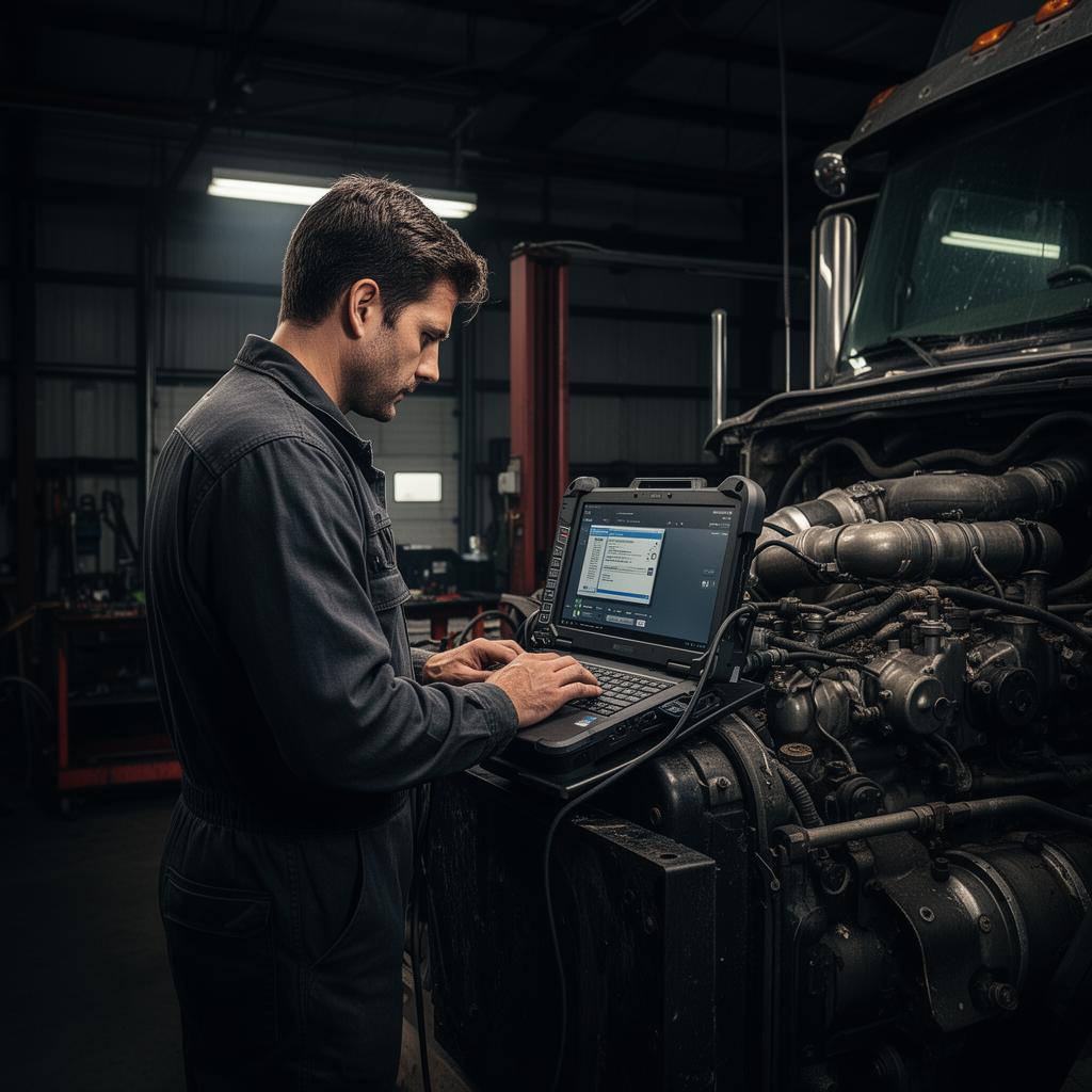 Diesel technician running a diagnostic scan on a semi truck engine