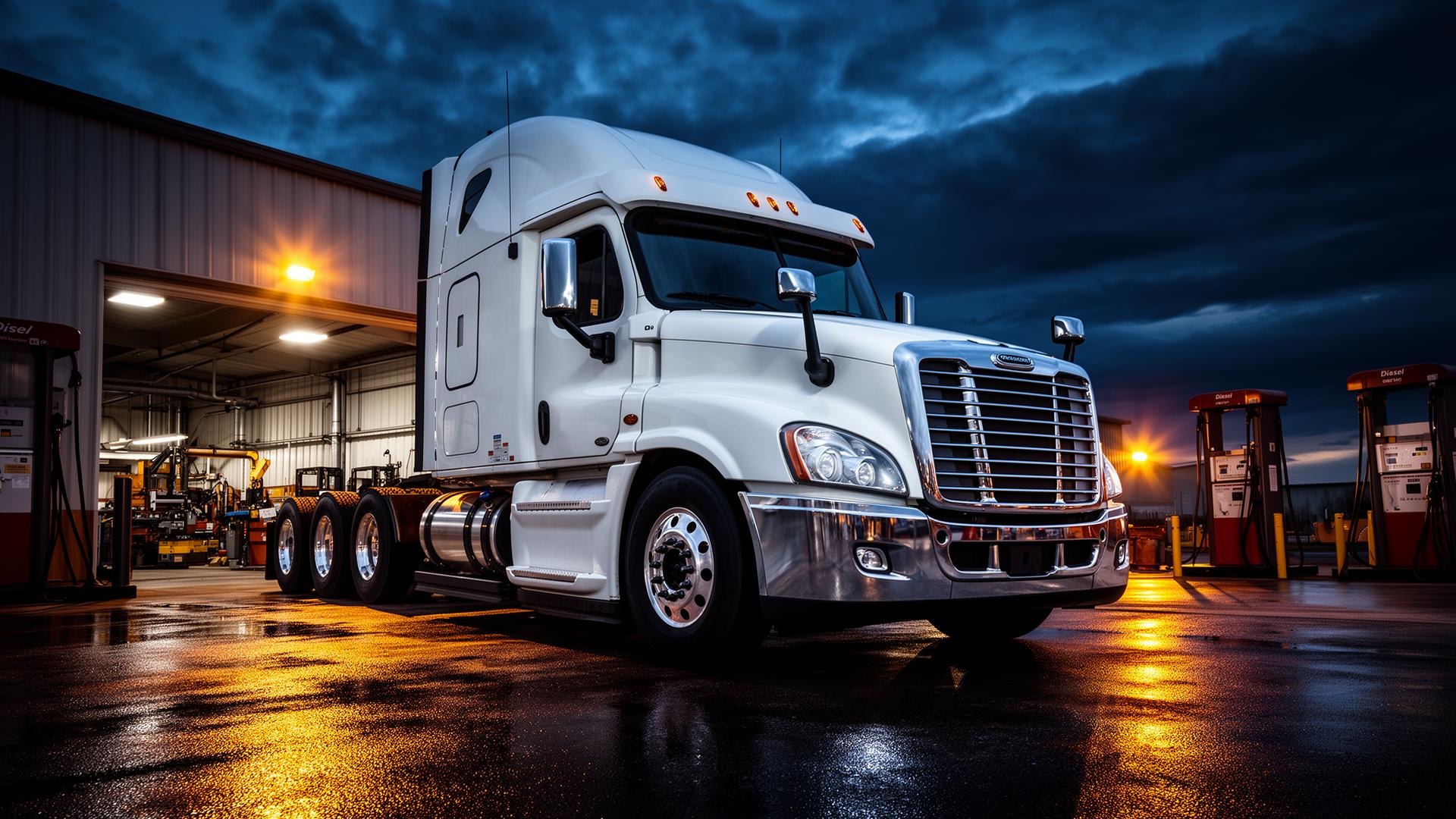 Heavy-duty Freightliner semi truck at diesel service yard